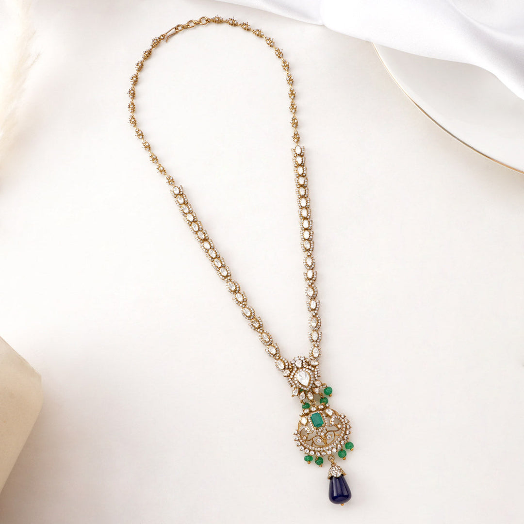 Pure 92.5 Silver, Gold Plated Mesmerizing Victorian Long Necklace set | SHOBITAM