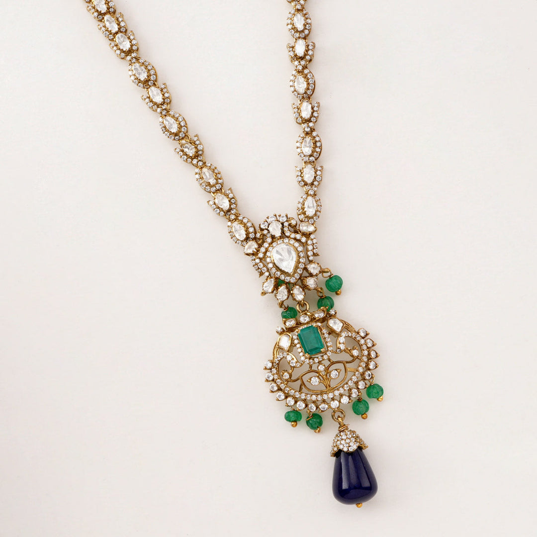 Pure 92.5 Silver, Gold Plated Mesmerizing Victorian Long Necklace set | SHOBITAM