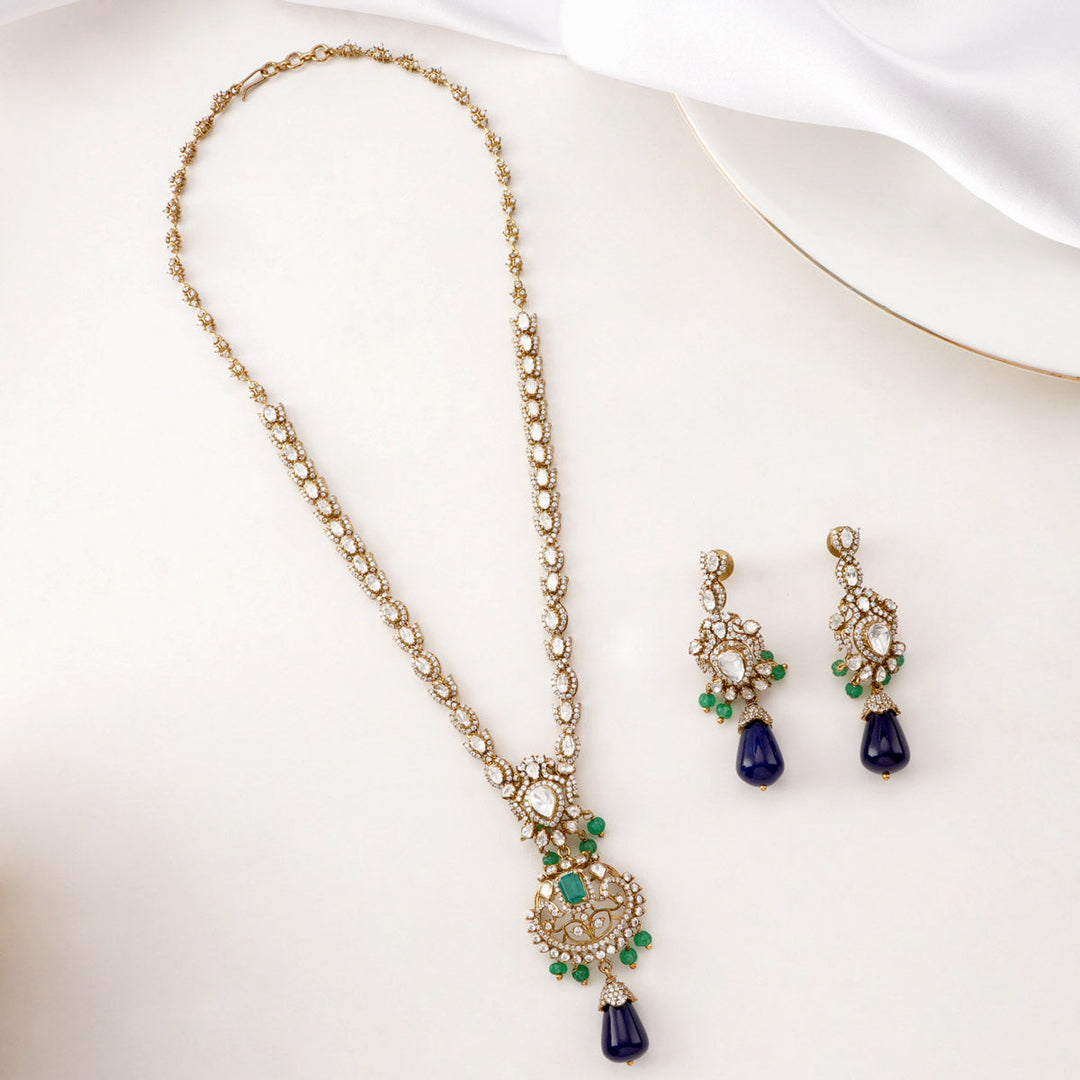 Pure 92.5 Silver, Gold Plated Mesmerizing Victorian Long Necklace set | SHOBITAM