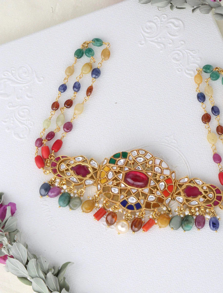92.5 Silver, 24 kt Gold-Plated Navarathna Choker Necklace With Dangling Pearls