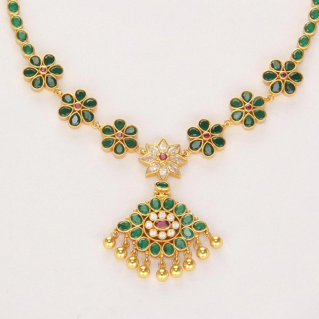 92.5 Silver, 24-karat Gold Plated Greenish Stone Short Necklace