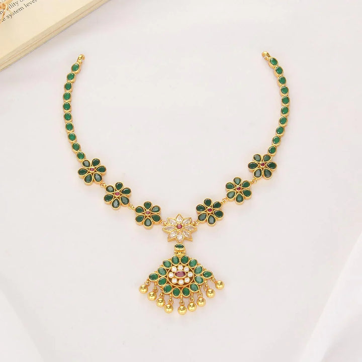 92.5 Silver, 24-karat Gold Plated Greenish Stone Short Necklace