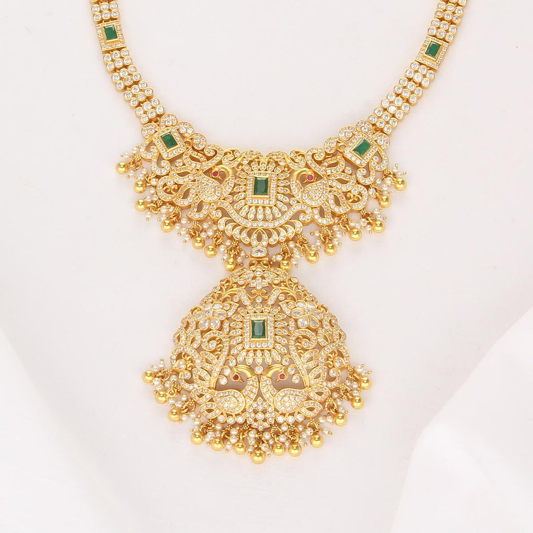 92.5 Silver, Gold Plated, Amrutha Stone Long Necklace | SHOBITAM