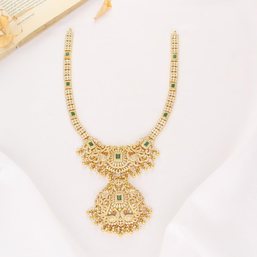 92.5 Silver, Gold Plated, Amrutha Stone Long Necklace | SHOBITAM