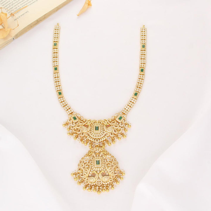 92.5 Silver, Gold Plated, Amrutha Stone Long Necklace | SHOBITAM