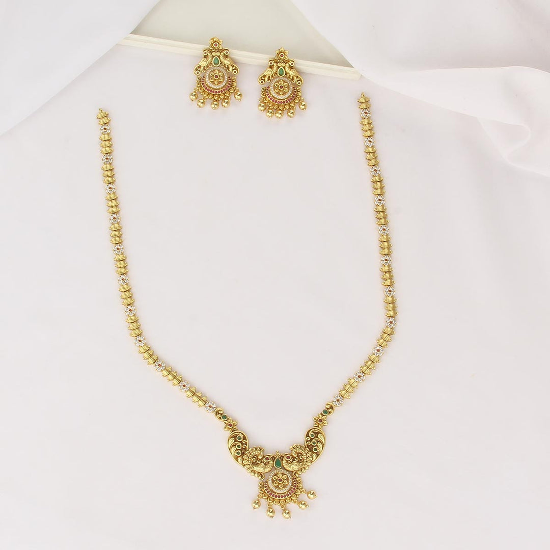 92.5 Silver Gold Plated, Yazhikha Long Necklace Set | SHOBITAM