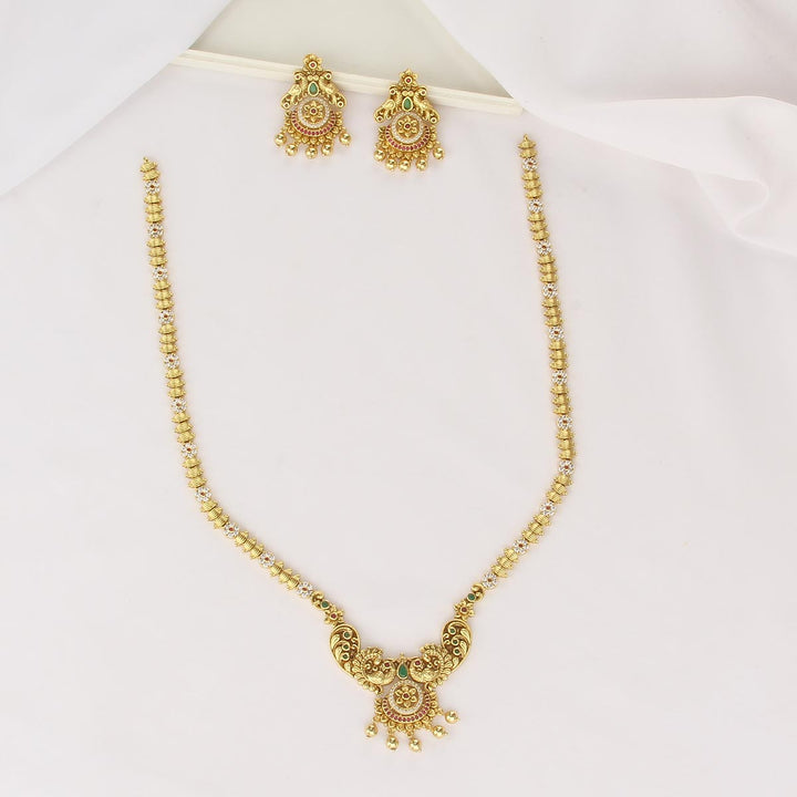 92.5 Silver Gold Plated, Yazhikha Long Necklace Set | SHOBITAM
