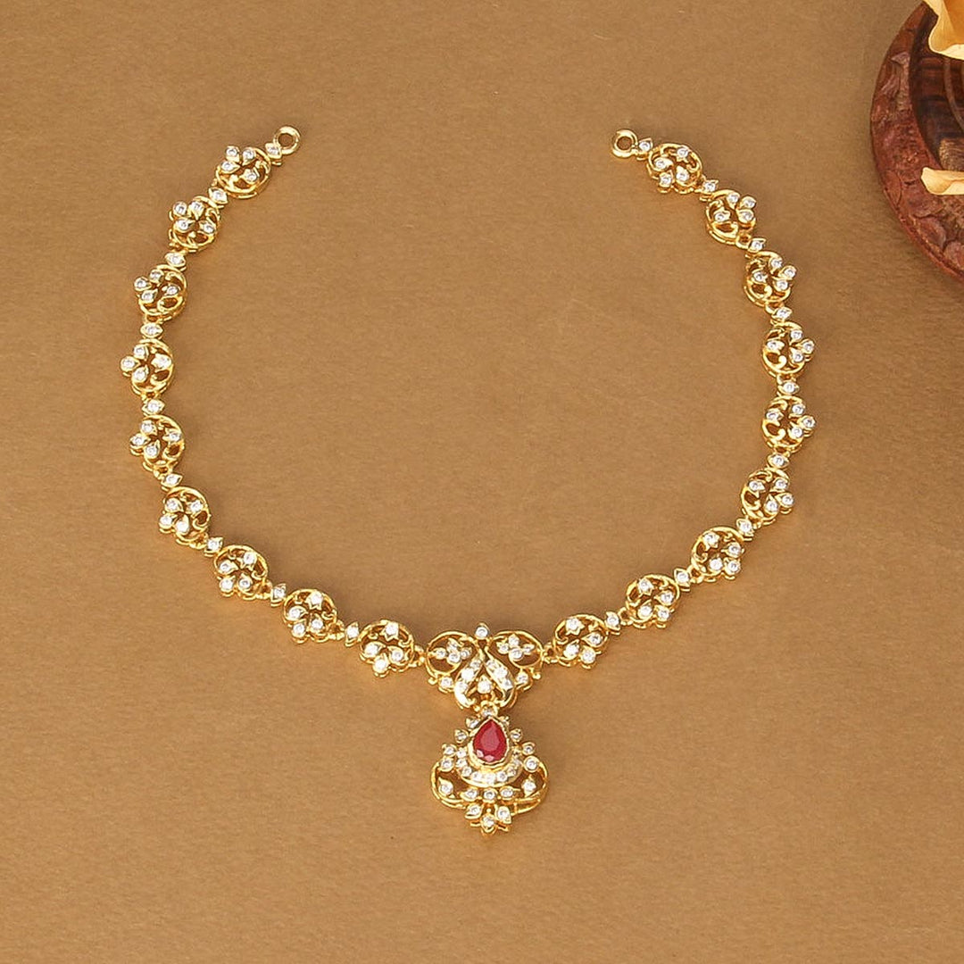 92.5 Silver, Gold Plated ,Sharika Diamond Design Short Necklace | SHOBITAM