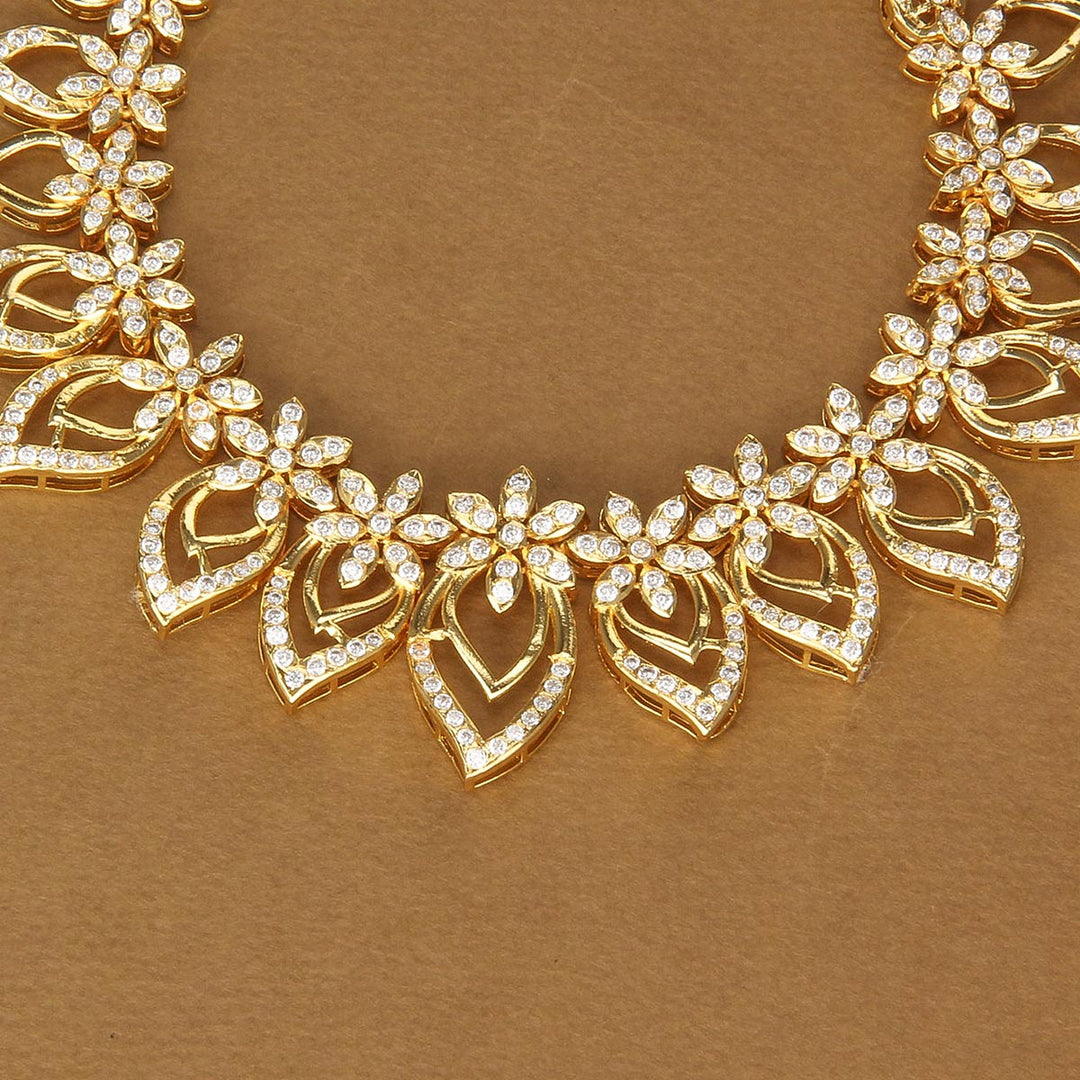 Pure 92.5 Silver, Gold Plated Grandeur Diamond Design Short Necklace | SHOBITAM