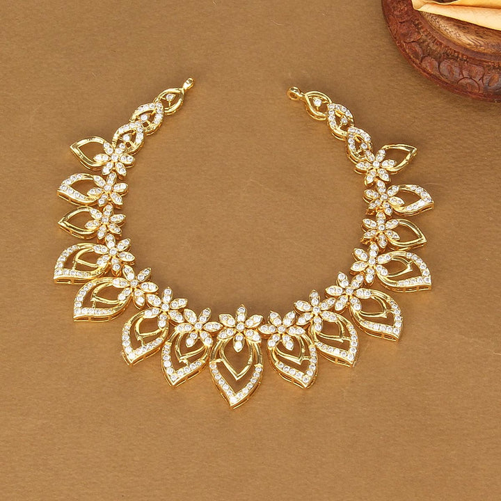 Pure 92.5 Silver, Gold Plated Grandeur Diamond Design Short Necklace | SHOBITAM