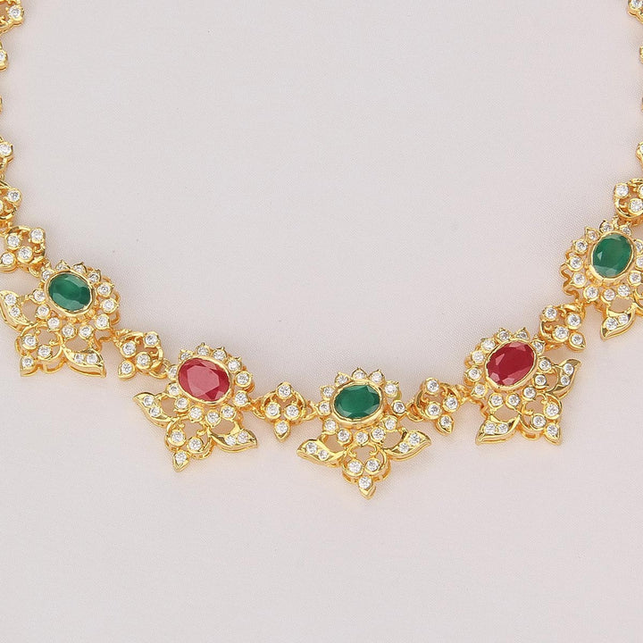 92.5 Silver, Gold Plated, Dazzling Diamond Design Short Necklace | SHOBITAM