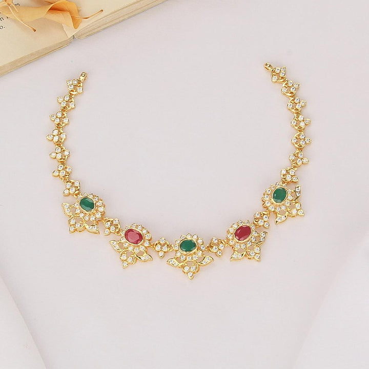 92.5 Silver, Gold Plated, Dazzling Diamond Design Short Necklace | SHOBITAM