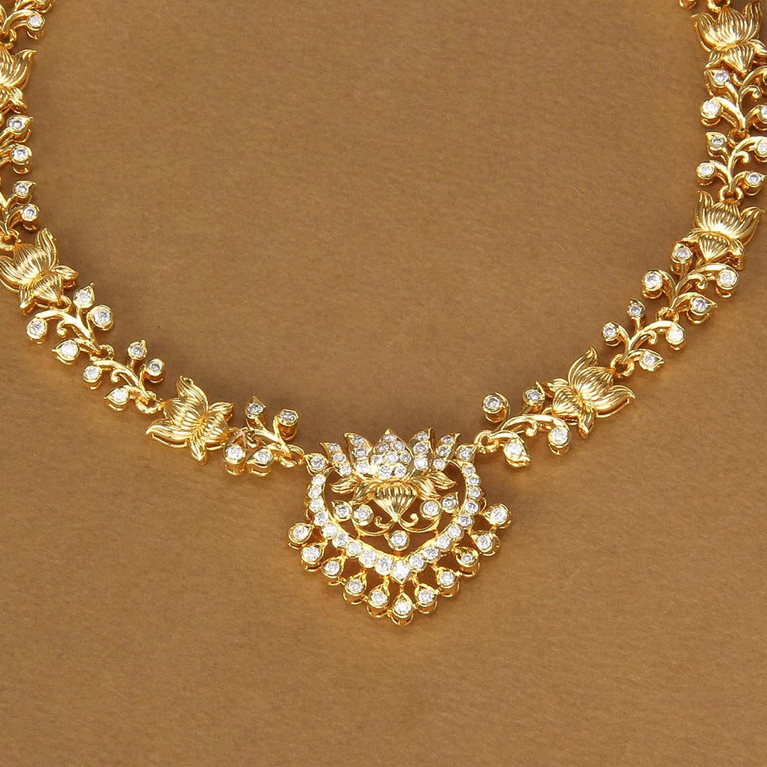 92.5 Silver, Gold Plated, Ziyan Diamond Design Short Necklace | SHOBITAM