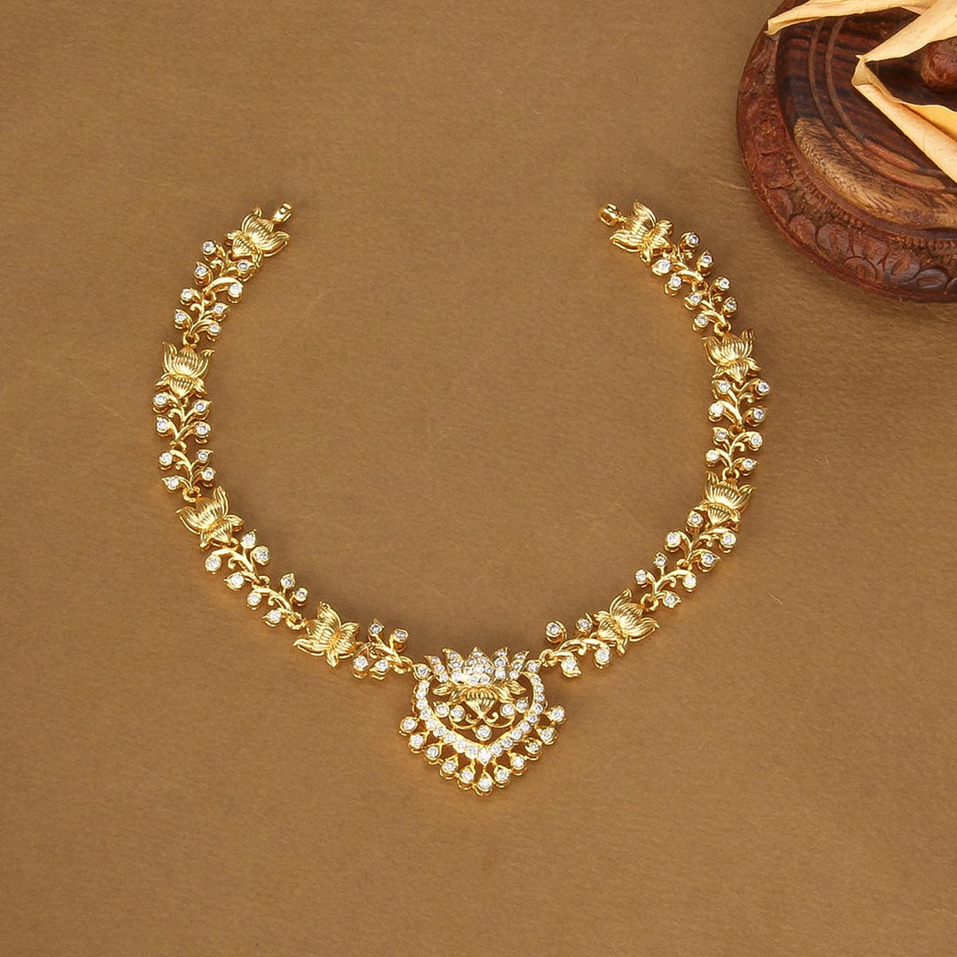 92.5 Silver, Gold Plated, Ziyan Diamond Design Short Necklace | SHOBITAM