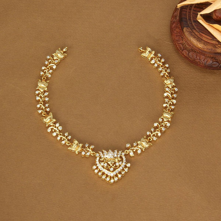 92.5 Silver, Gold Plated, Ziyan Diamond Design Short Necklace | SHOBITAM