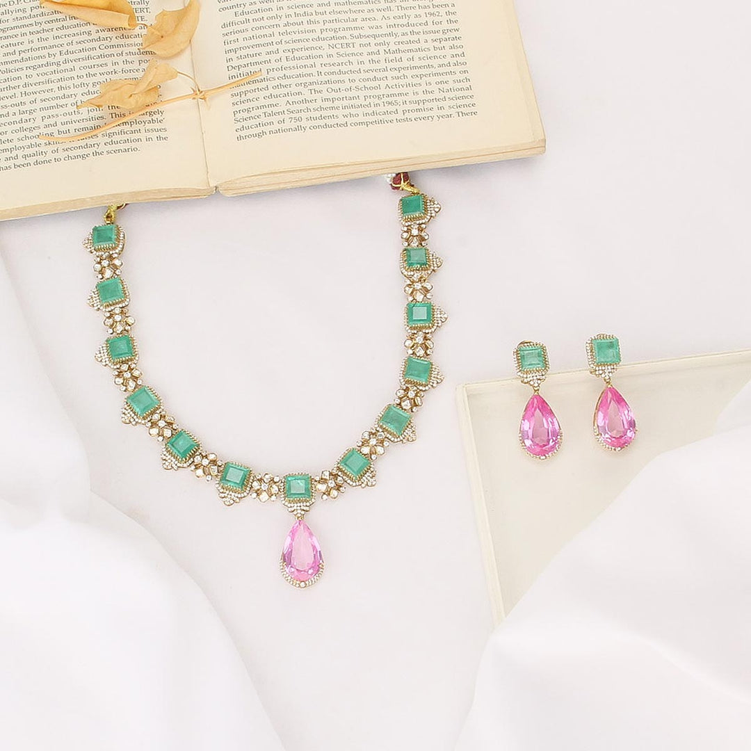 Pure 92.5 Silver, 24kt Gold Plated Vithara Short Necklace Set | SHOBITAM