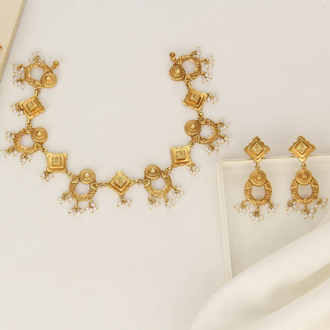 92.5 Silver and 24kt gold-plated, Thishitha Short Necklace Set | SHOBITAM