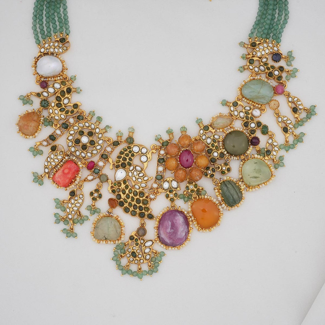 92.5 Silver, Gold Plated, Luxurious Multicolor Stone Asymmetric Necklace Set