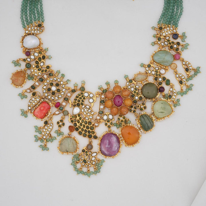 92.5 Silver, Gold Plated, Luxurious Multicolor Stone Asymmetric Necklace Set