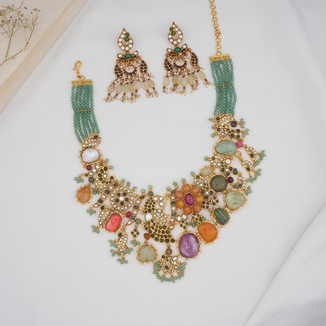 92.5 Silver, Gold Plated, Luxurious Multicolor Stone Asymmetric Necklace Set