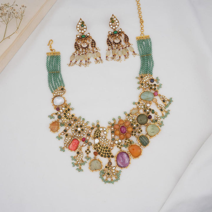 92.5 Silver, Gold Plated, Luxurious Multicolor Stone Asymmetric Necklace Set