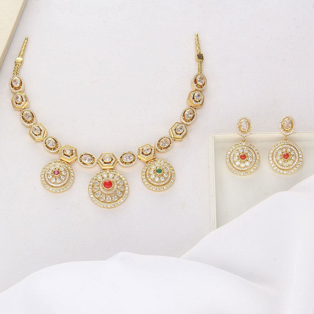 Pure 92.5 Silver, 24kt Gold Plated Glittering Short Necklace Set | SHOBITAM