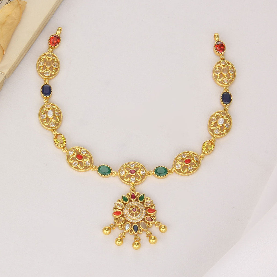 92.5 Silver, 24 kt gold-plated, Manisha Stone Short Necklace | SHOBITAM