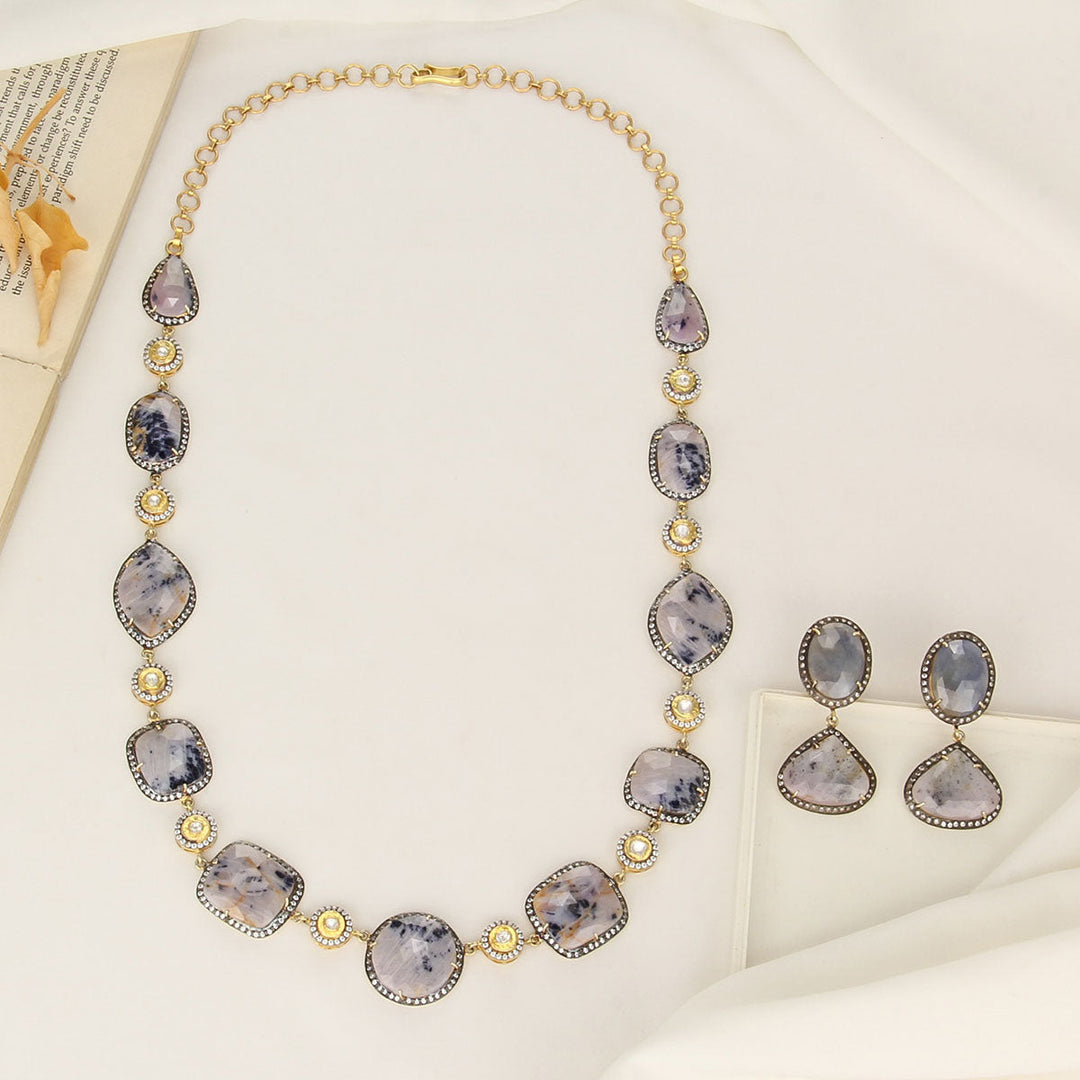 92.5 Silver, Gold Plated, Shinning Stone Studded Long Necklace Set