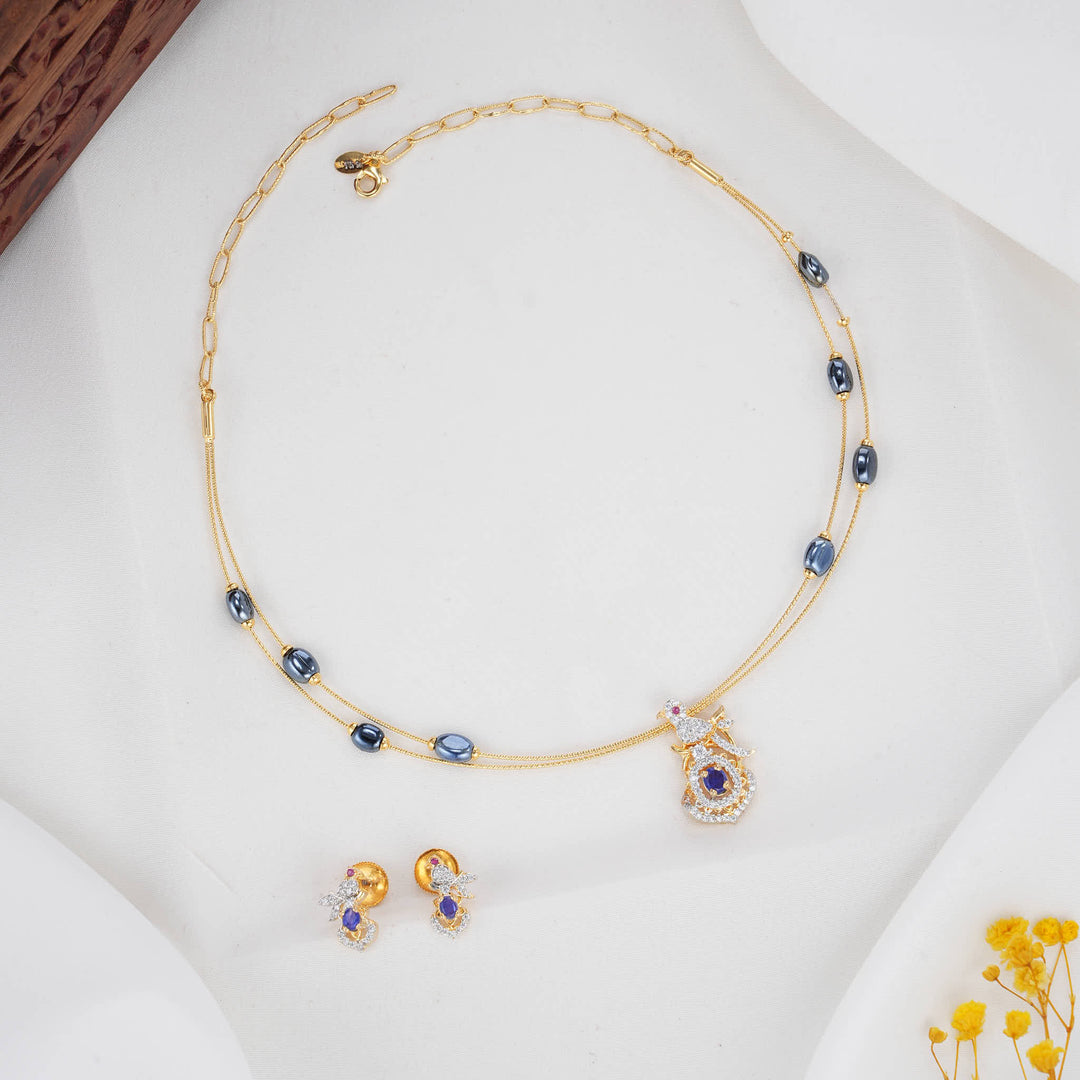 92.5 Silver 24kt Gold Plated Sparkling Hasli with Pendant Set | SHOBITAM