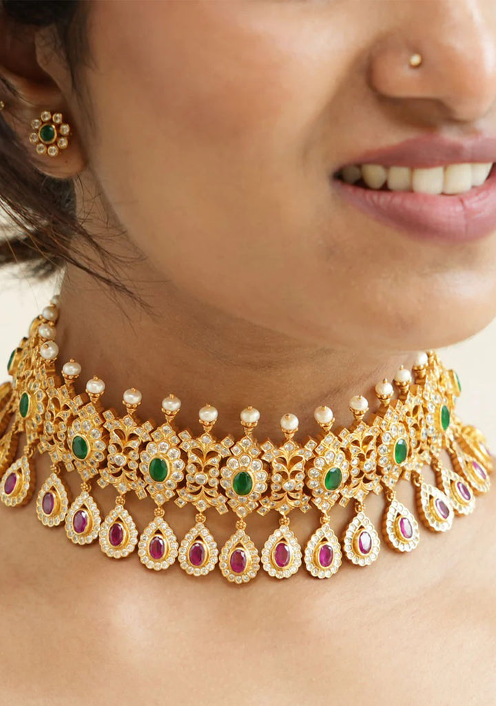 92.5 Silver Exquisite  Choker with stone and pearl beads detailing