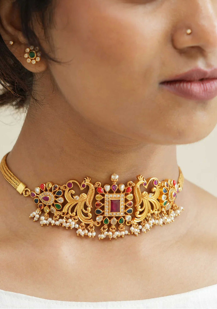 925 Silver Navarathna Twin peacock Choker