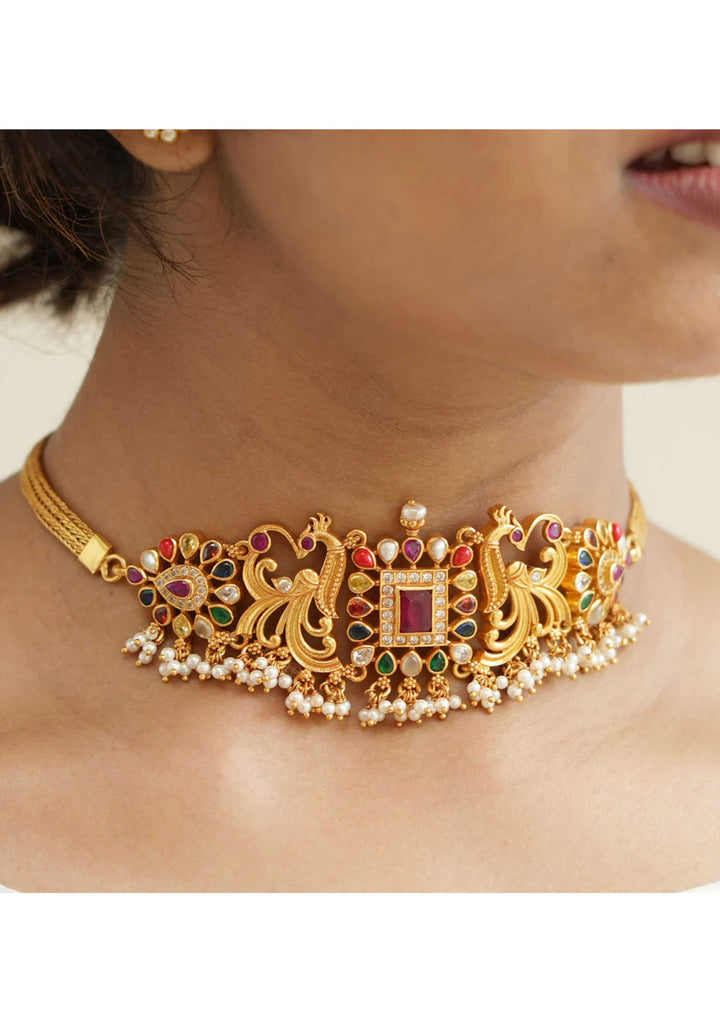 925 Silver Navarathna Twin peacock Choker