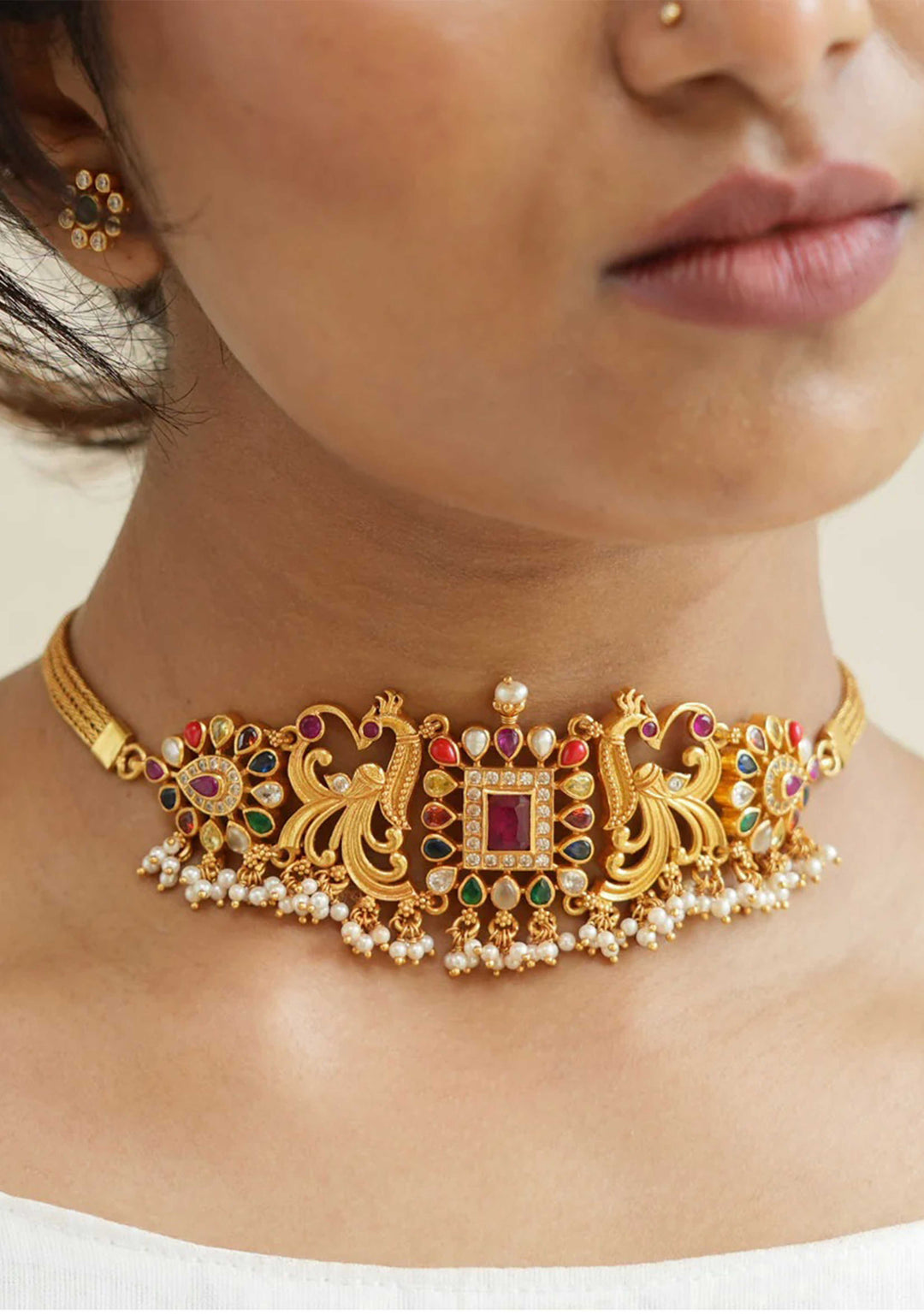 925 Silver Navarathna Twin peacock Choker