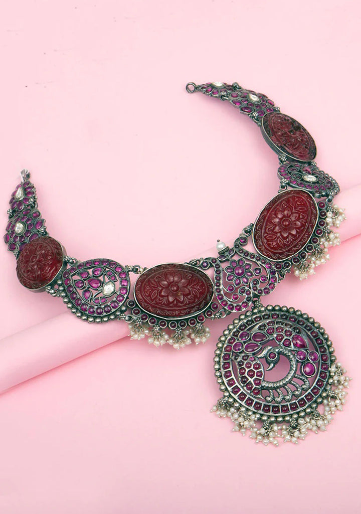 925 Silver Oxidized Red Carved Oval Stones and pink dainty stones necklace