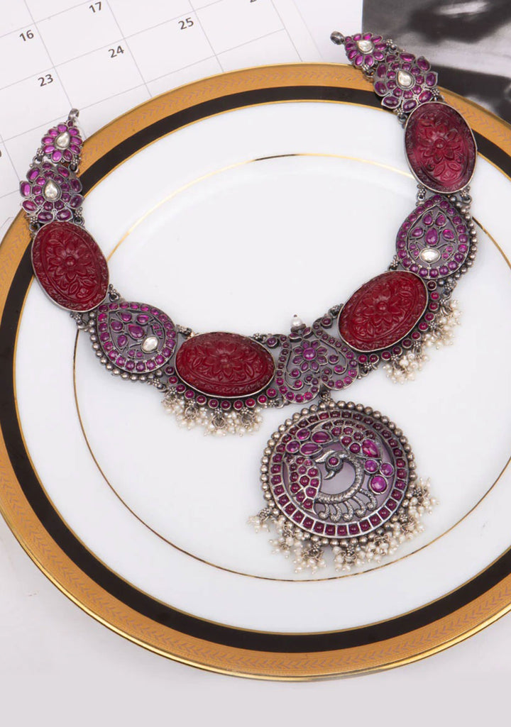925 Silver Oxidized Red Carved Oval Stones and pink dainty stones necklace