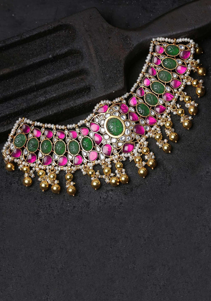 92.5 Silver Floral Short Choker with kundan stone and dangling beads