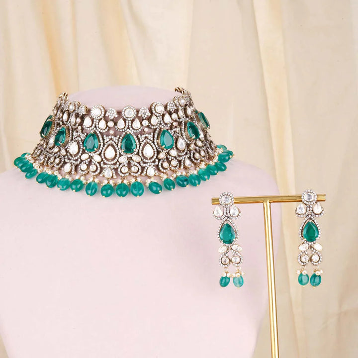 92.5 Silver, Victorian Necklace set studded with Gem Stones and Pearl Beads.
