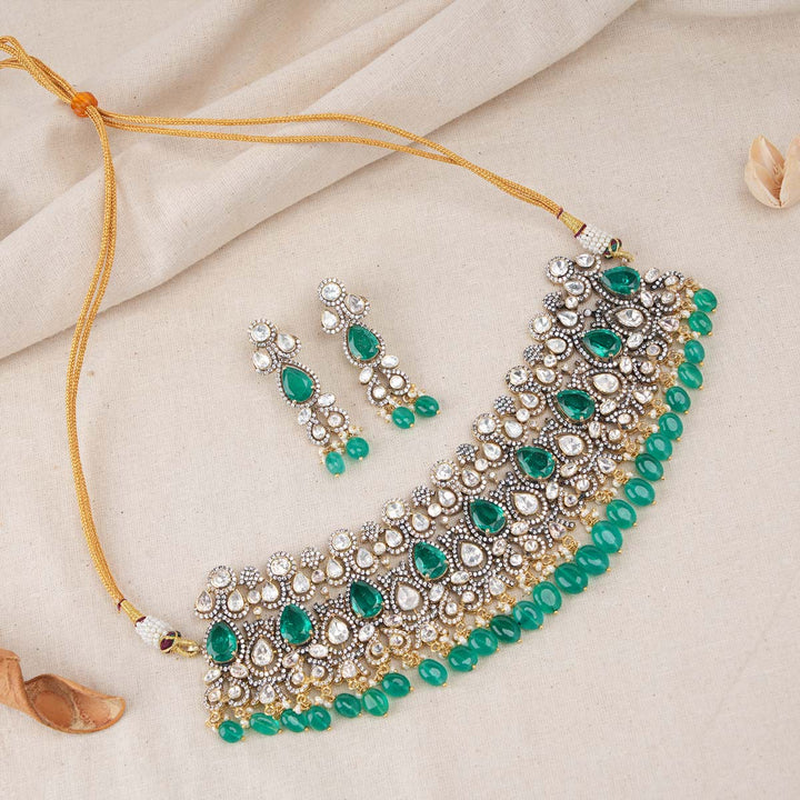 92.5 Silver, Victorian Necklace set studded with Gem Stones and Pearl Beads.