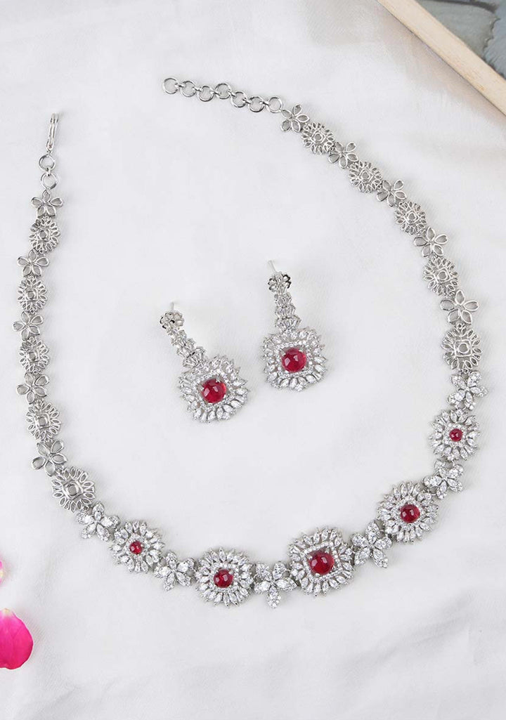92.5 Silver Swarovski Necklace Set with White and Red Stones