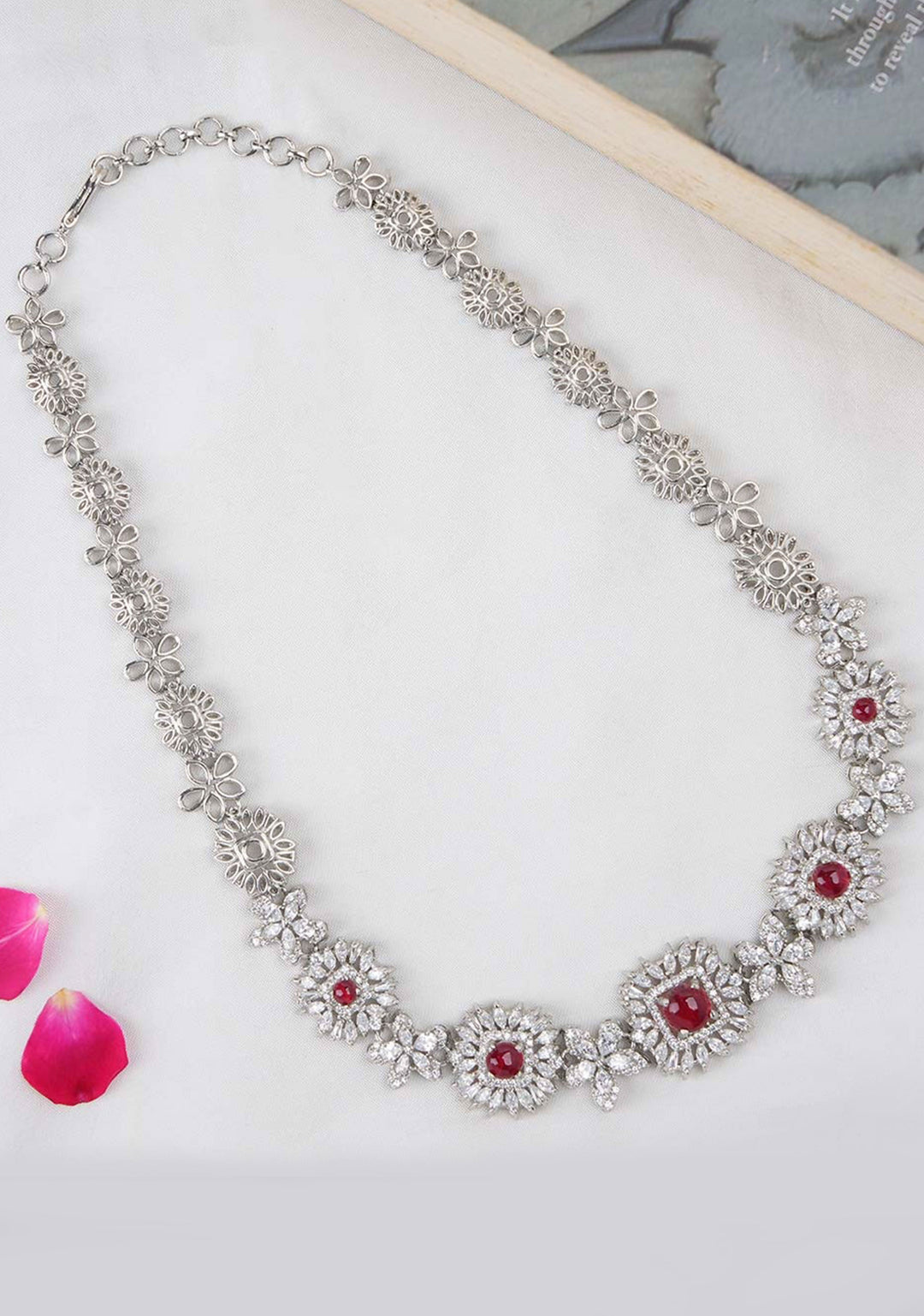 92.5 Silver Swarovski Necklace Set with White and Red Stones