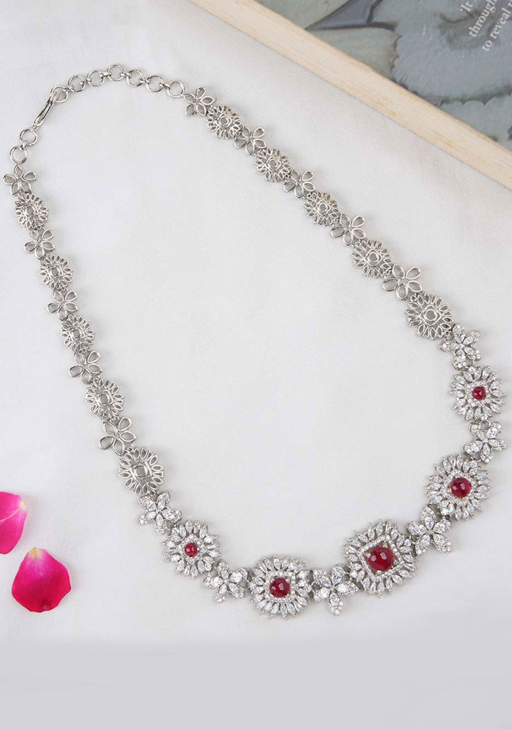 92.5 Silver Swarovski Necklace Set with White and Red Stones