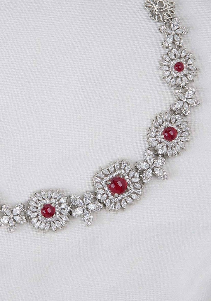 92.5 Silver Swarovski Necklace Set with White and Red Stones