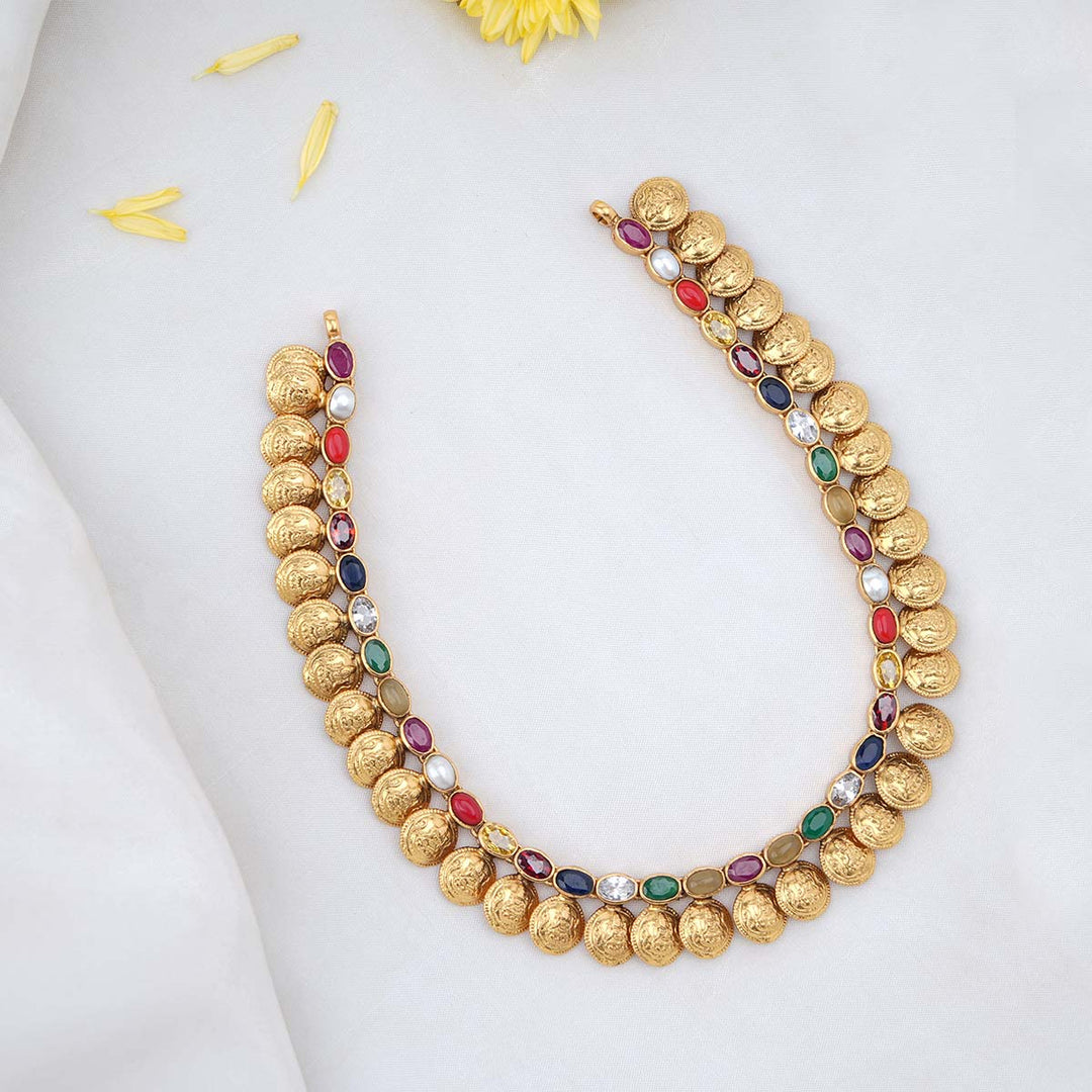 92.5 Silver, 24 kt Gold-Plated Navarathna Necklace