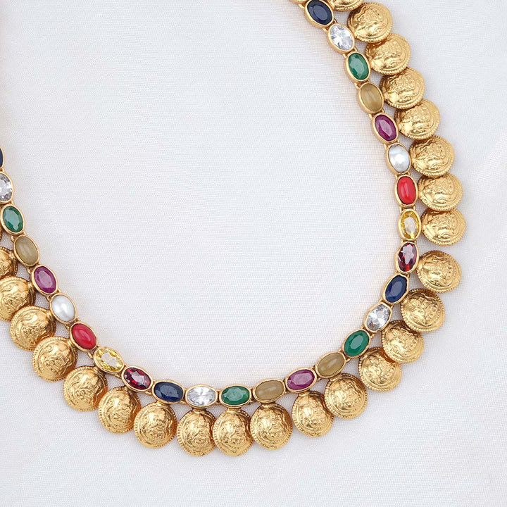 92.5 Silver, 24 kt Gold-Plated Navarathna Necklace