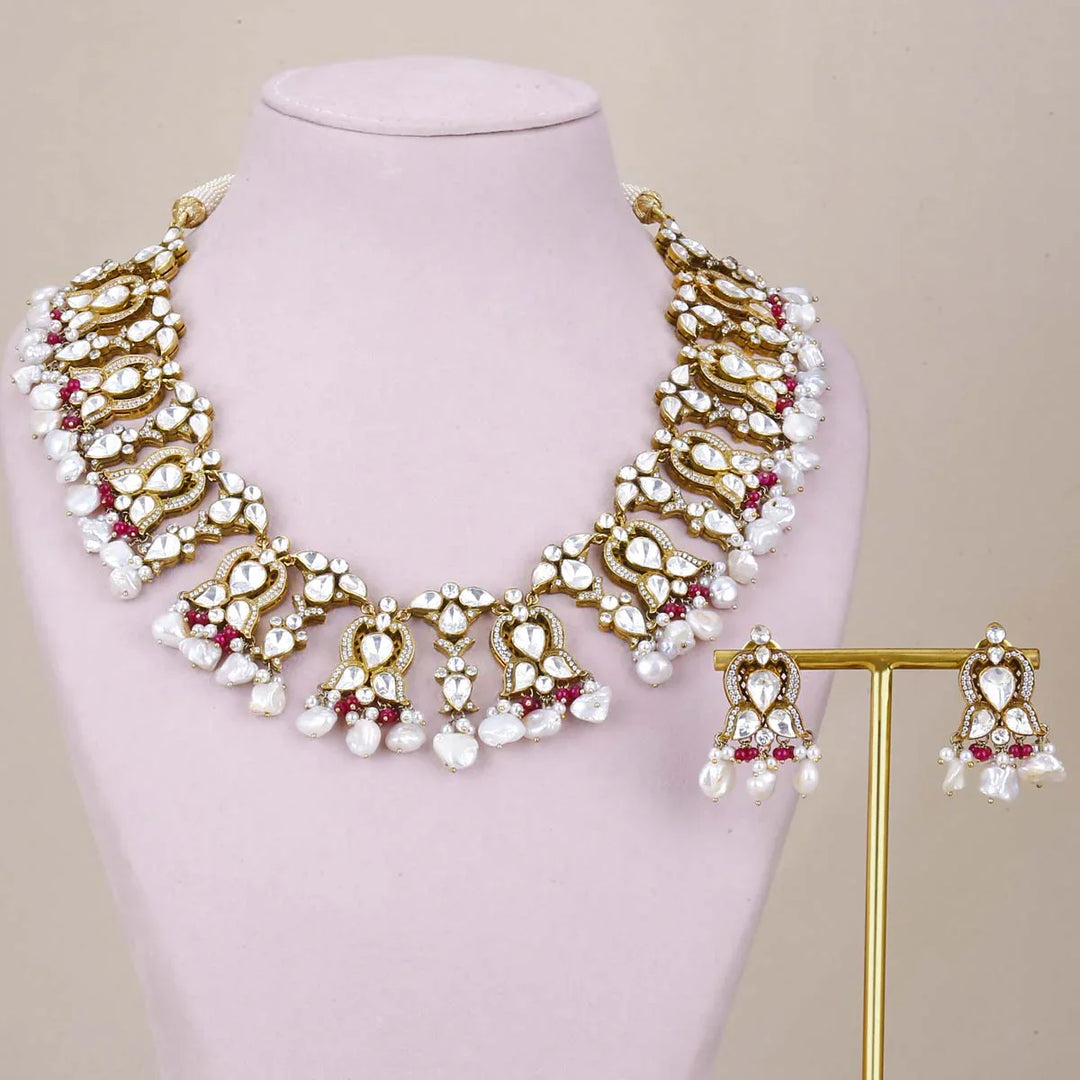 92.5 Silver, Victorian Necklace set studded with Gem Stones and Pearl Beads.