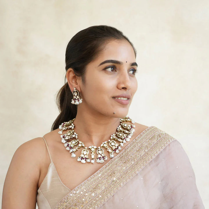 92.5 Silver, Victorian Necklace set studded with Gem Stones and Pearl Beads.