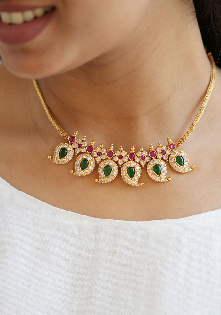 92.5  Silver 24 Ct Gold Plated Stone Studded Mango Necklace