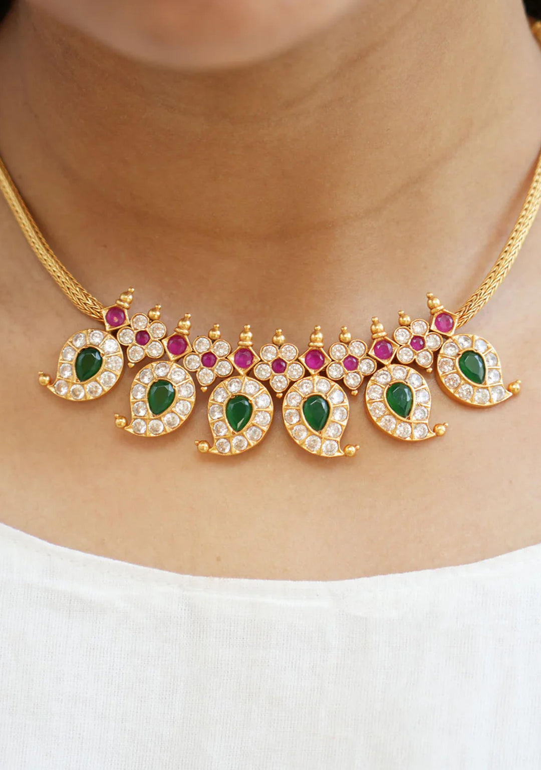 92.5  Silver 24 Ct Gold Plated Stone Studded Mango Necklace
