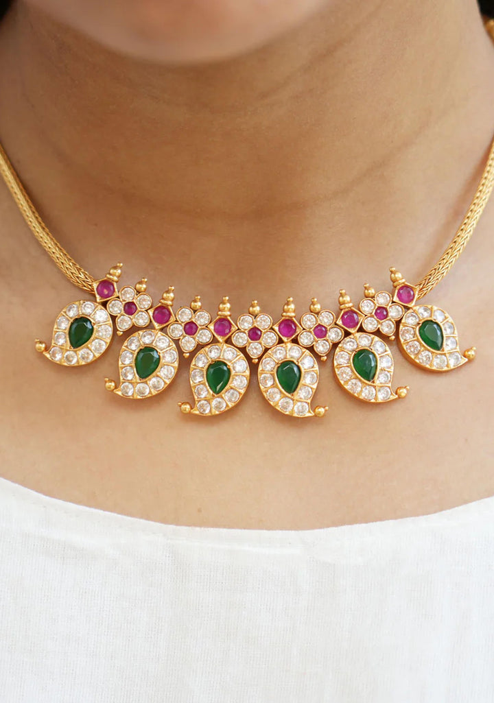 92.5  Silver 24 Ct Gold Plated Stone Studded Mango Necklace