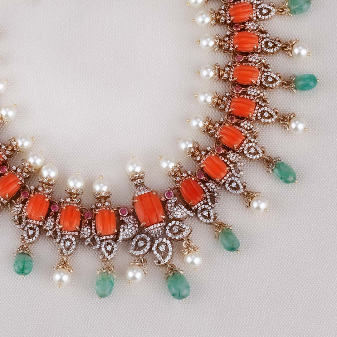 Pure 92.5 Silver, Coral Look On Victorian Necklace Set
